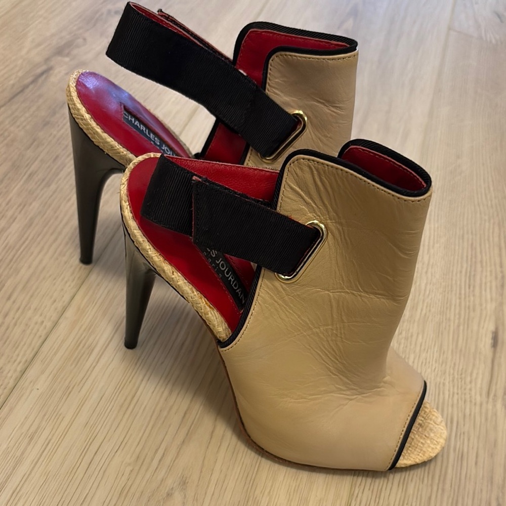 Charles Jourdan Tan and Black High Heel Peep-Toe Shoes
